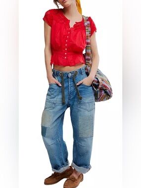 Gemma Embroidered Boat Neck Top NWOT high risk red